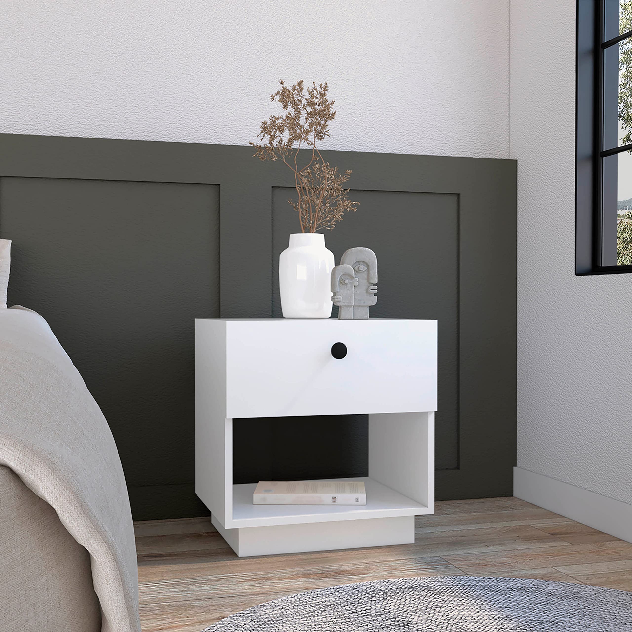 Single Drawer Nightstand 19&Quot; H With Open Storage Shelf, White